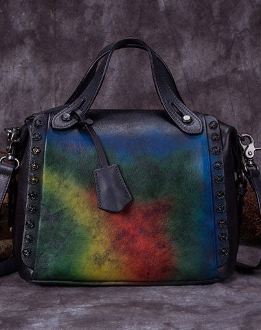 Genuine Leather Handbag Vintage Rivet Crossbody Bag Shoulder Bag Purse For Women - EverHandmade