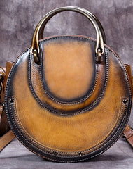 Genuine Leather Handbag Vintage Circle Bag Shoulder Bag Crossbody Bag Purse For Women - EverHandmade