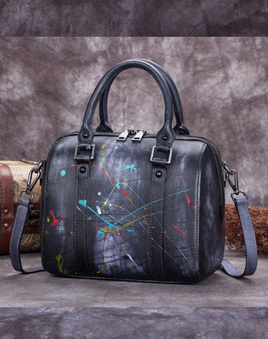 Genuine Leather Handbag Vintage Boston Bag Shoulder Bag Crossbody Bag Purse For Women - EverHandmade
