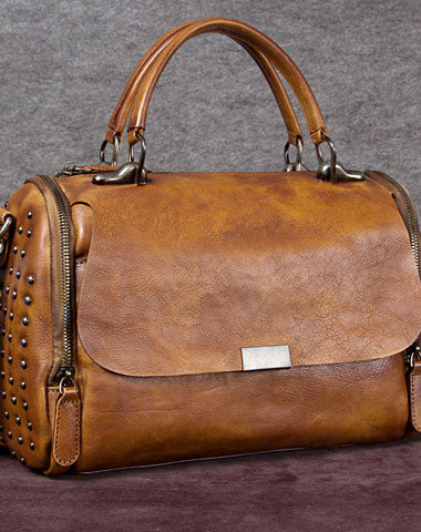 Genuine Leather Handbag Rivet Crossbody Bag Shoulder Bag Purse For Women - EverHandmade
