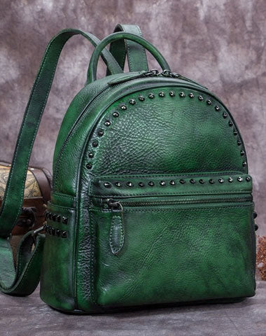Genuine handmade Leather backpack bag rivet shoulder bag black mens women leather purse - EverHandmade