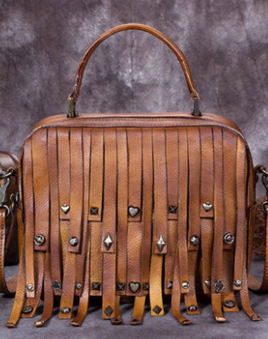 Genuine Leather Handbag Vintage Rivet Tassel Bag Crossbody Bag Shoulder Bag Purse For Women