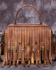 Genuine Leather Handbag Vintage Rivet Tassel Bag Crossbody Bag Shoulder Bag Purse For Women - EverHandmade