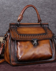 Vintage Leather Handbag Purse Rivet Shoulder Bag Purse For Women - EverHandmade