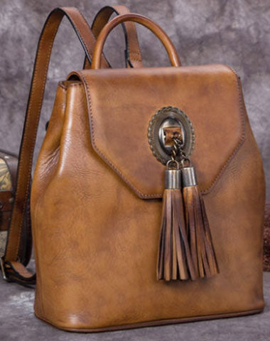 Genuine Handmade Leather Backpack Bag Tassel Vintage Shoulder Bag Women Leather Purse - EverHandmade
