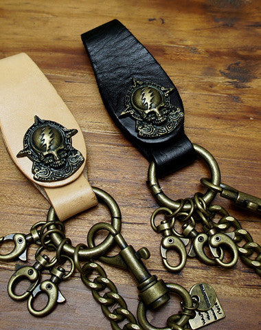 Handmade Motorcycle biker wallet key chain punk black heavy beige leather detachable - EverHandmade