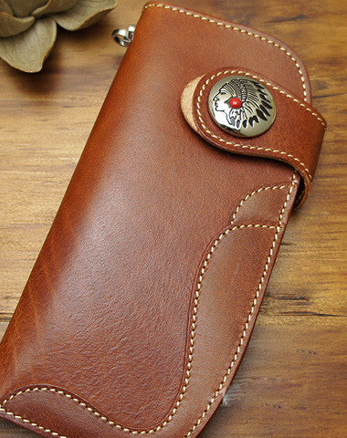 Handmade biker wallet leather with chain coffee red brown Long wallet purse for men