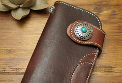 Handmade biker wallet leather with chain coffee red brown Long wallet purse for men