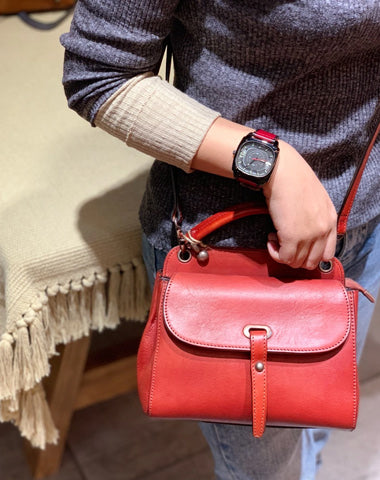 Vintage Red Ladies Leather Square Satchel Handbag Purse Brown SHoulder Bag Side Bag for WOmen