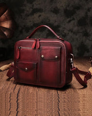 Vintage Womens Red Leather Satchel Shoulder Bag School Handbag Shoulder Purse for Girls