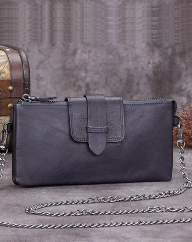 Grey Leather Womens Zipper CHain SHoulder Bag Long Wallet Phone Purple Chain Clutch Purse for Ladies