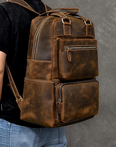 Vintage Brown Leather Men 16" Laptop Backpack Hiking Backpack Travel Backpack College Bag for Men