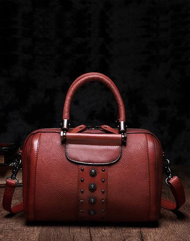 Red Vintage Womens Leather Boston Handbag Purse Black Side Bag Boston Purse for Ladies