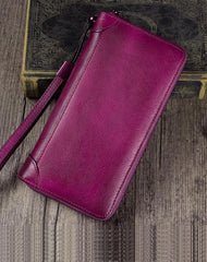 Purple Womens Vintage Leather Green Long Wallet Zipper Brown Clutch Long Wristlet Wallet for Ladies