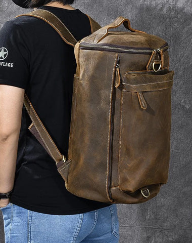 Brown Leather Mens 15" Laptop Backpack Hiking Backpack Travel Backpack Crossbody Bag for Men