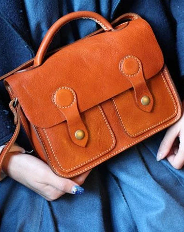 Vintage Brown Leather Satchel Handbag Purse Small Brown Leather Crossbody School Bag for Girl