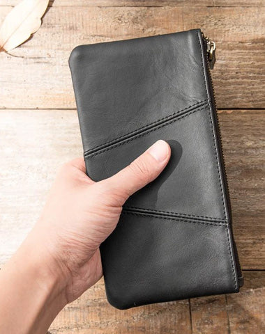 Cool Black Leather Mens Slim Long Zipper Clutch Wallet Long Wallet Phone Bag for Men
