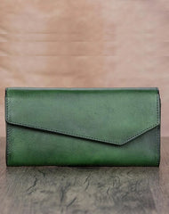 Green Vintage Womens Genuine Leather Long Folded Wallet Brown Clutch Phone Purses for Ladies