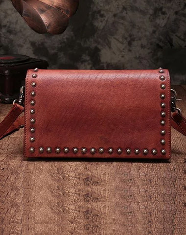 Brown Womens Vintage Leather Shoulder Purse Studded Green Small Side Bag Purse for Ladies