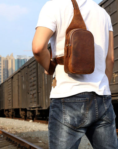 Mens Leather Sling Bag Crossbody Chest Bag Shoulder Bag Backpack Hiking  Travel