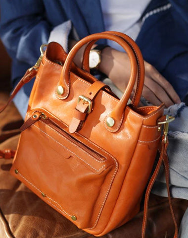 Vintage Womens Brown Leather Vertical Handbag Tote Green Satchel Purse Women's Shopper Handbags