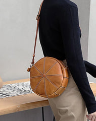 Vintage Womens Brown Leather Round Shoulder Bag Shaped Leather Circle Bag Round Crossbody Bag Purse