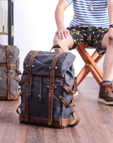 Cool Canvas Leather Mens Womens Dark Gray Backpack Army Green Travel Backpack College Backpack for Men
