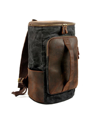 Cool Waxed Canvas Black Leather Mens 15.6‘’ Barrel Green Backpack Travel Backpack Hiking Backpack for Men