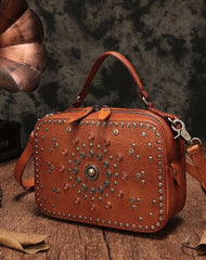 Vintage Womens Brown Leather Handbag Purse Cube Rivet Shoulder Handbag Crossbody Bags