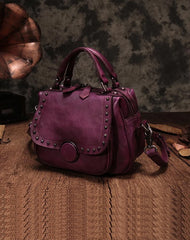 Purple Vintage Womens Leather Rivet Handbag Brown Side Bag Satchel Bag Purse for Ladies