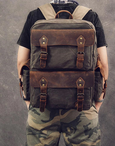 Waxed Canvas Leather Mens 15" Laptop Backpack Army Green Travel Backpack Dark Gray College Backpack for Men