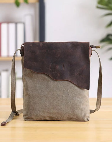 Leather Canvas Mens 12" Side Bag Vertical Courier Bag Gray Postman Bag Messenger Bag for Men