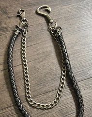 Cool Men's Black Braided Leather Double Skull Pants Chain Wallet Chain For Men