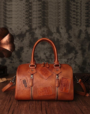 Vintage Womens Brown Leather Boston Handbags Brown Boston Shoulder Handbag Crossbody Bags