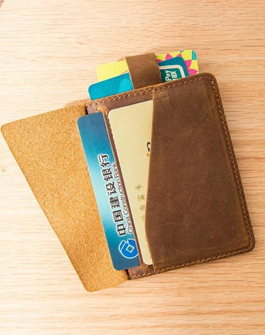 Brown Cool Leather Mens Card Holder Thin Front Pocket Wallet Vintage Slim Card Wallet for Men