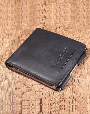Leather Mens Black Small billfold Wallet Bifold Business Card Wallet For Men with Pen