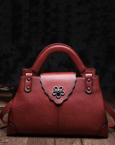 Red Vintage Leather Ladies Satchel Handbag Brown Shoulder Bag Purse for Women