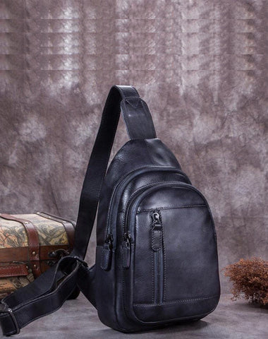 Vintage Gray Mens Leather Sling Bag Chest Bags Purses One Shoulder Backpack for Men