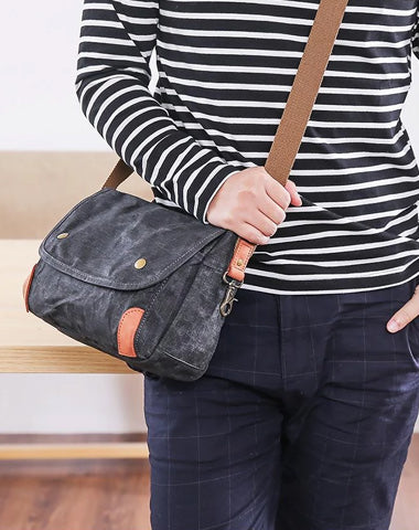 Wax Canvas Leather Mens 10'' Gray Side Bag Courier Bag Khaki Messenger Bag for Men