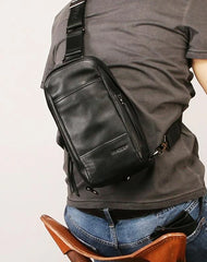 Black Leather Mens Sling Bag Sling Chest Bag Sling One SHoulder Backpack for men