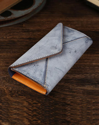 Handmade Leather Mens Gray Envelope Long Wallet Blue Long Wallet Clutch Bag For Men