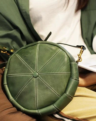 Green Womens Leather Round Side Bag Leather Circle Crossbody Purse Leather Circle Shoulder Bag