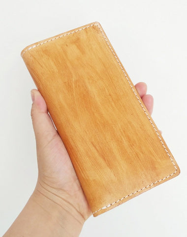 Handmade Vintage Mens Yellow-Brown Bifold Leather Long Wallet Cool Long Wallet for Men