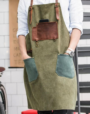 Vintage Canvas Leather Mens Womens Gray Craftsman Apron Cafe Staff Apron Work Apron for Men