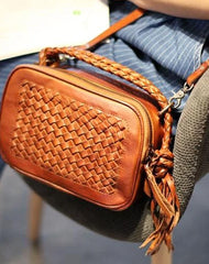 Vintage Brown Braided Leather Satchel Handbag Purse Small Brown Leather Crossbody Bag for Ladies