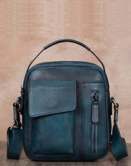 Blue Leather Mens Small Vertical Courier Bag Messenger Bag Postman Bag Vintage Leather Side Bag for Men