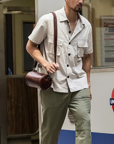 Red Brown Cool Leather Mens 8 inches Barrel Side Bag Bucket Messenger Bags Courier Bag for Men