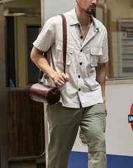 Red Brown Cool Leather Mens 8 inches Barrel Side Bag Bucket Messenger Bags Courier Bag for Men