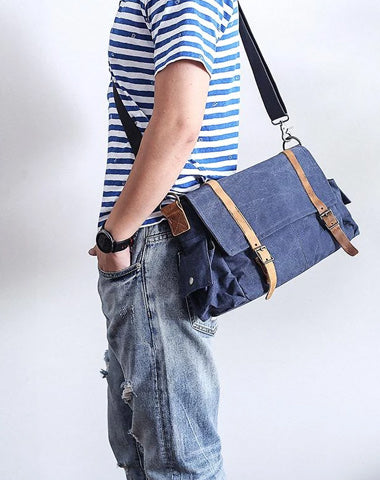 Waxed Canvas Leather Mens Waterproof 10'' Side Bag Courier Bag Blue Messenger Bag For Men
