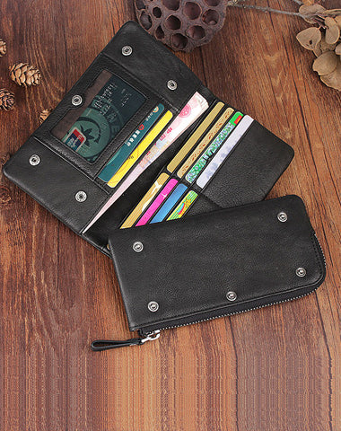 Genuine Leather Mens Cool Long Leather Wallet Bifold Clutch Wallet for Men